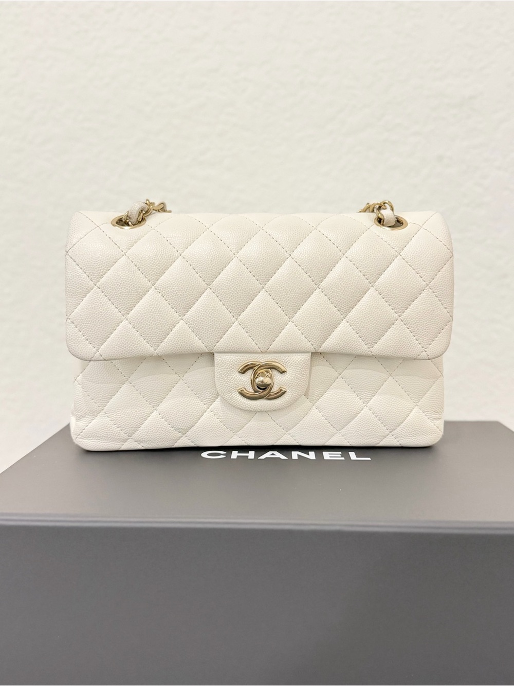 CHANEL Small Classic Flap Bag White Caviar Leather 19B With Box + Authentication